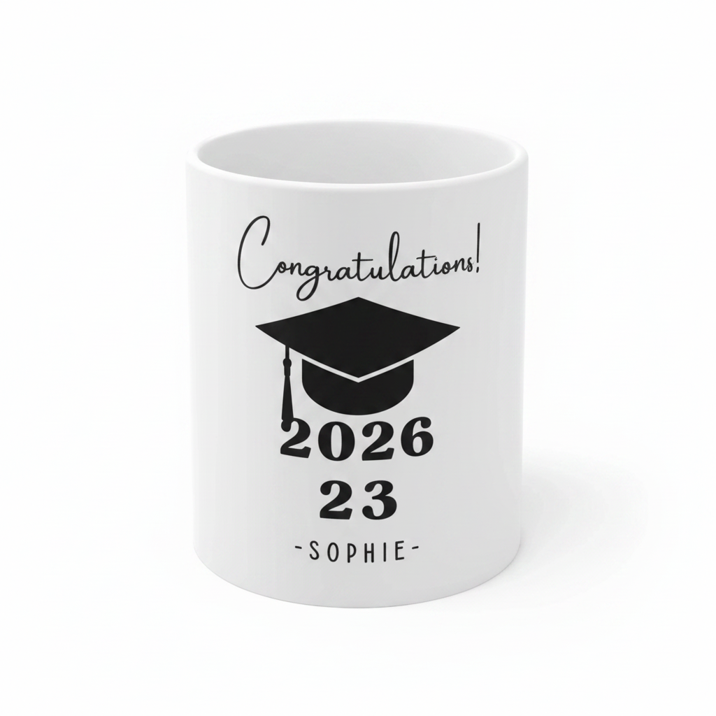 White ceramic graduation mug with 'Congratulations!' 2026 and 23 for SOPHIE