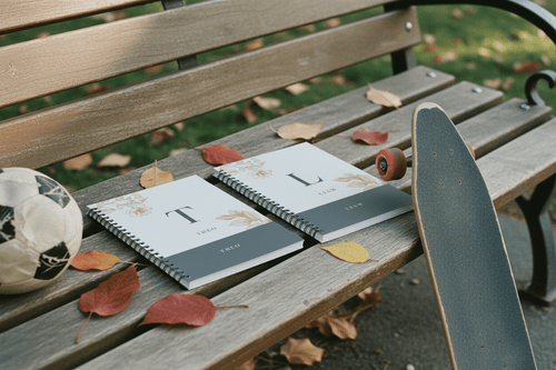 A5 spiral notebook with floral monogram cover and gold text, shown on a bench.