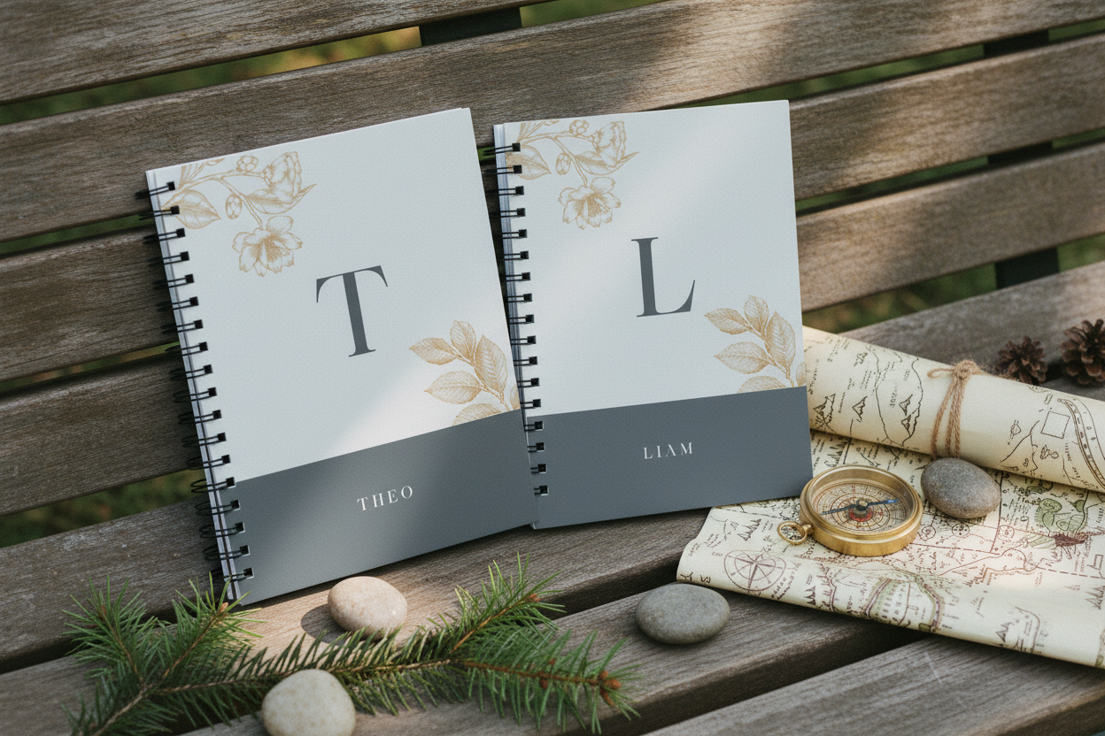 Personalised A5 notebook set with blue covers, spiral binding, initials T and L
