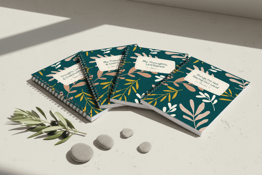 A5 spiral notebooks with teal botanical covers and beige title labels, arranged in a diagonal row.