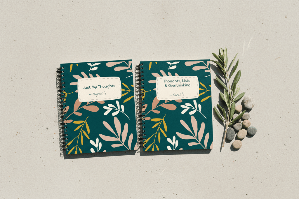 Two A5 spiral notebooks with teal botanical covers and beige label titled “Just My Thoughts”.