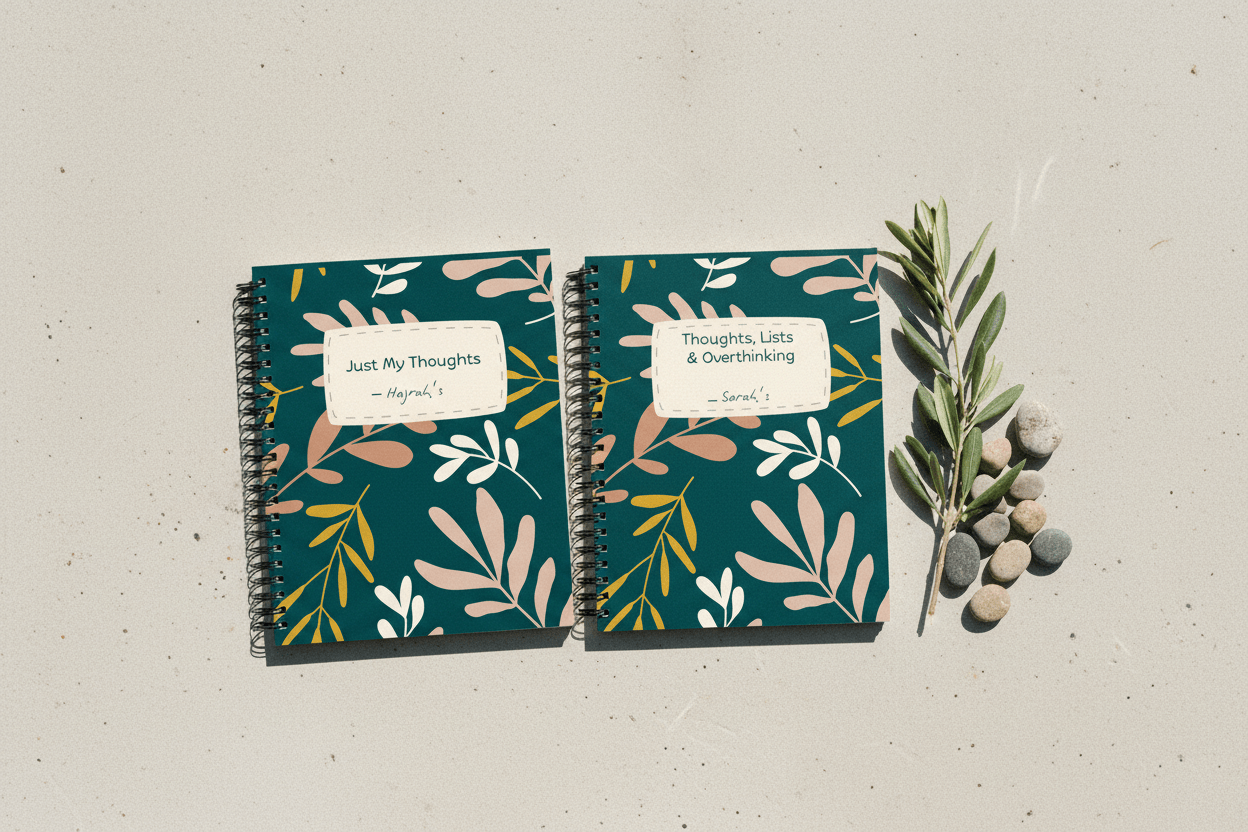 Two A5 spiral notebooks with teal botanical covers and beige label titled “Just My Thoughts”.