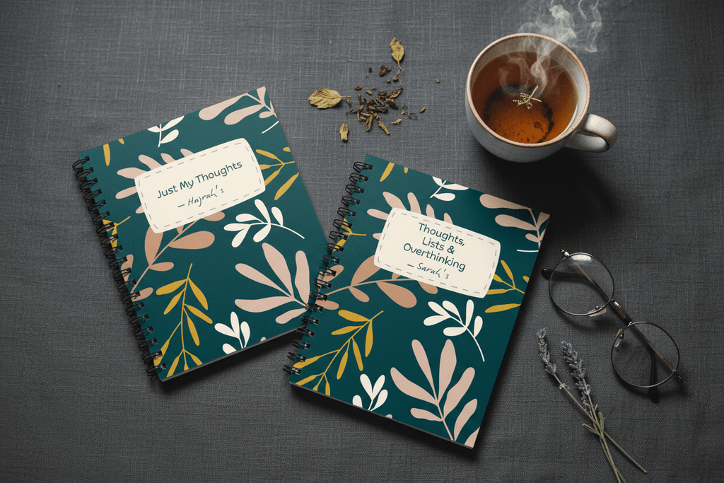 A5 spiral notebook with teal leaf print cover and white thoughts label