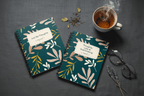 A5 spiral notebook with teal leaf print cover and white thoughts label