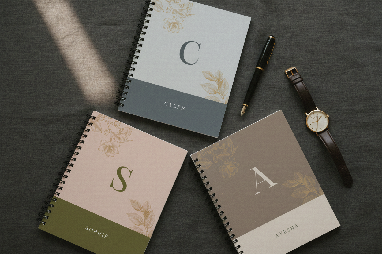 Set of A5 notebooks with spiral binding, featuring monogram letters and floral borders.