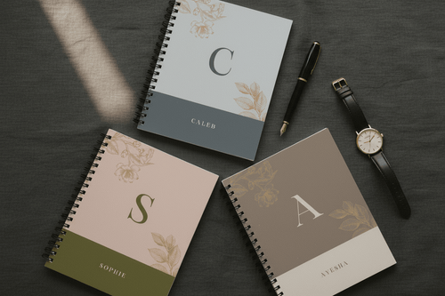 A5 spiral notebooks with floral monogram covers and gold lettering, laid on fabric.