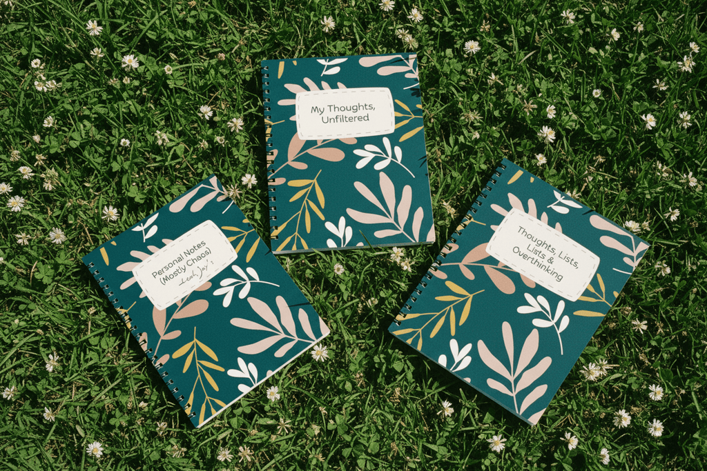 A5 spiral notebooks with teal botanical covers and white personalized note labels