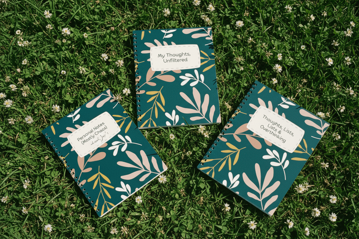 A5 spiral notebooks with teal botanical covers and white personalized note labels