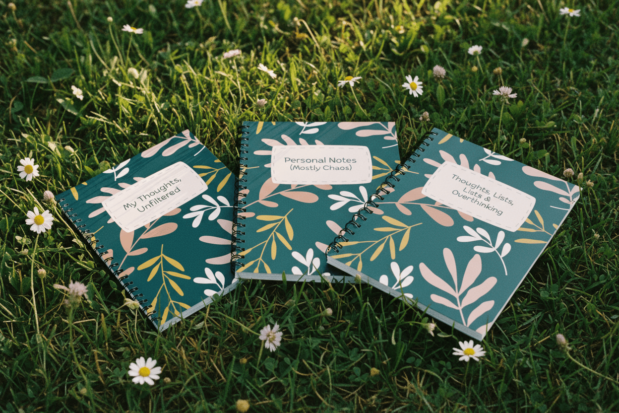 Teal spiral notebooks with botanical leaf covers and personalized name labels on grass