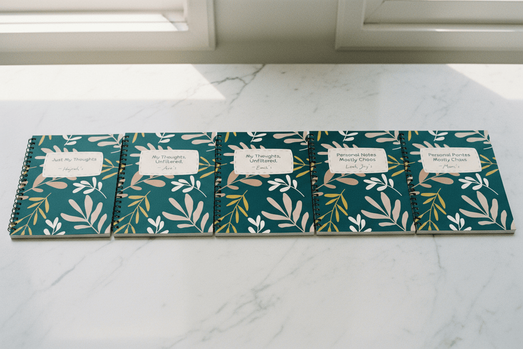 Row of A5 spiral notebooks with teal botanical covers and beige title labels.