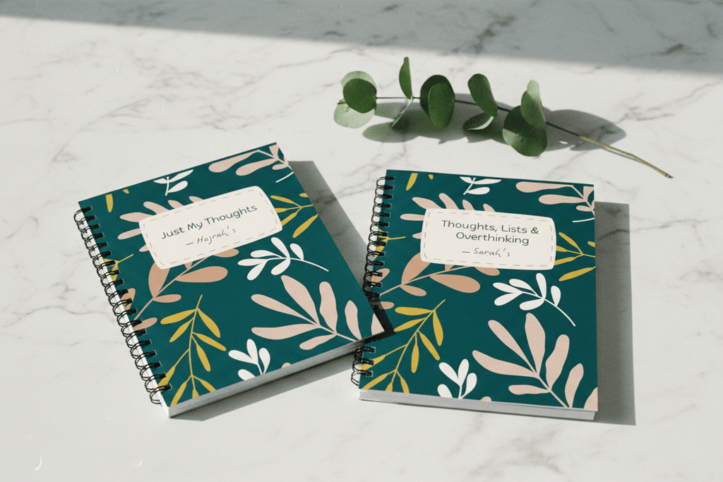 A5 spiral notebook with teal leaf pattern cover and white name/date label