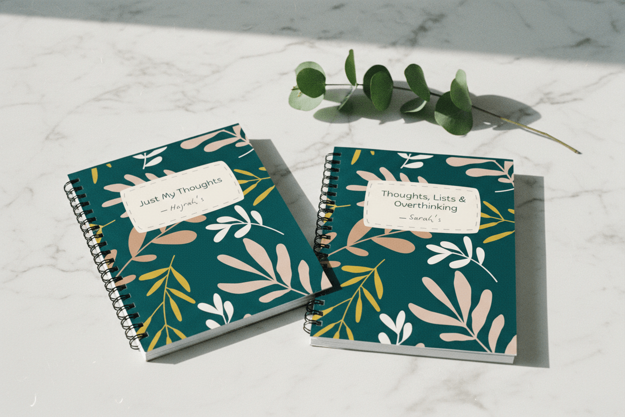 A5 spiral notebook with teal leaf pattern cover and white name/date label