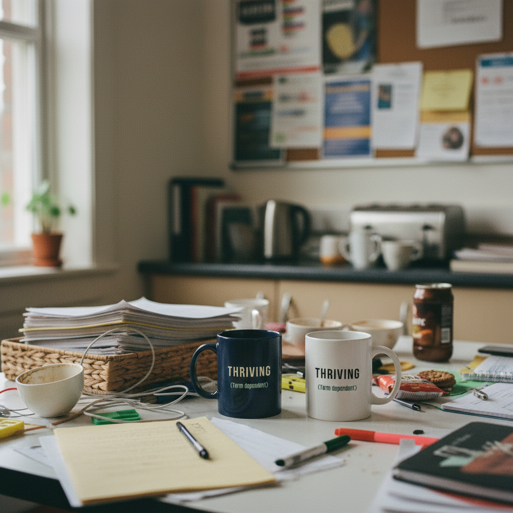 Grainy staffroom scene with both mugs on cluttered table
