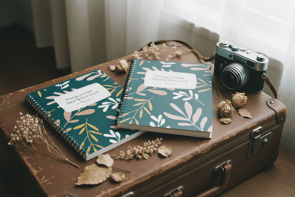 A5 spiral notebooks with teal botanical covers and beige labels, lying on a leather case.