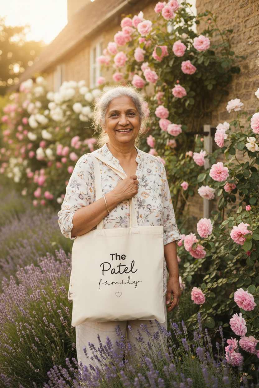 Natural canvas tote bag with handles and “The Patel family” text and heart