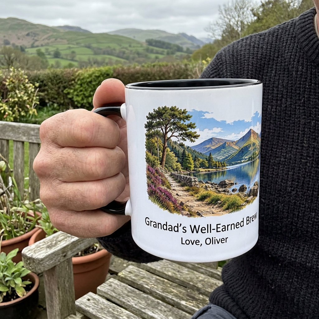Grandad’s mug held beside a garden bench
