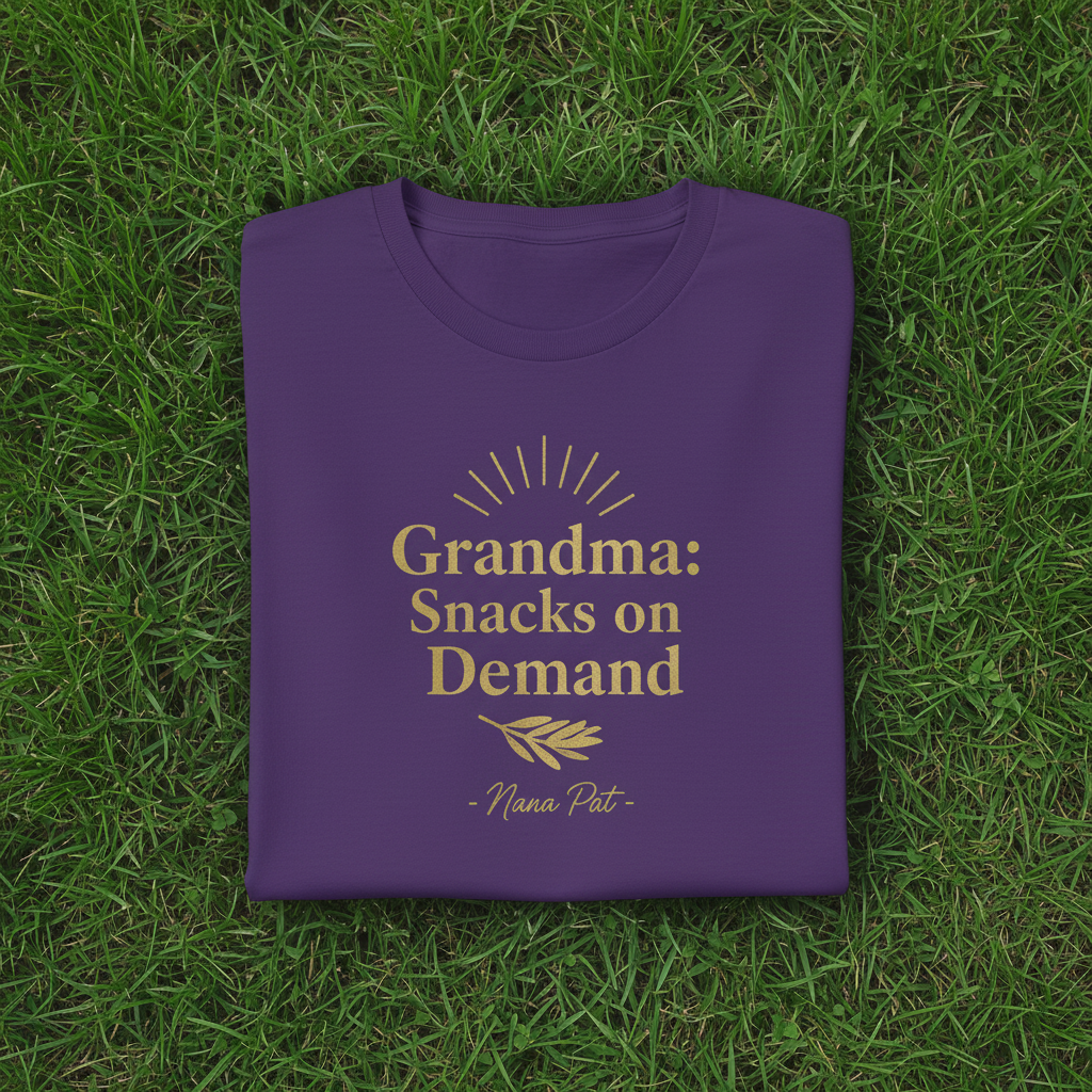 Purple T-shirt with gold “Grandma: Snacks on Demand” and “Nana Pat”