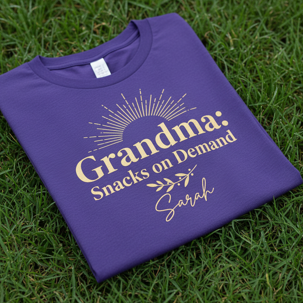 Purple T-shirt with gold “Grandma: Snacks on Demand” text and “Sarah”