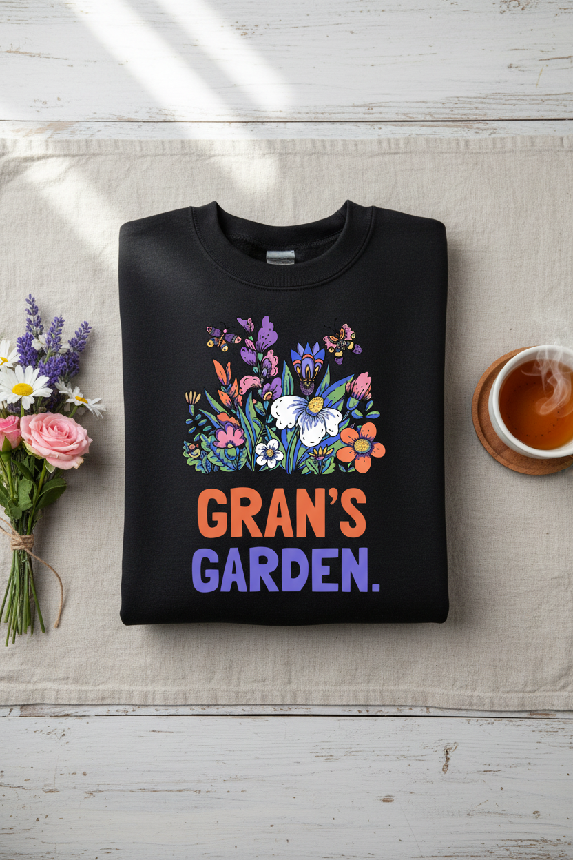 Personalized garden crewneck sweatshirt in black with floral graphic and “GRAN’S GARDEN” text.