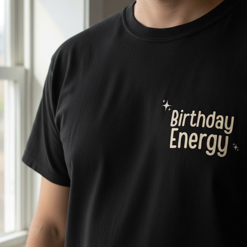 Black crewneck T-shirt with "Birthday Energy" text graphic on the chest