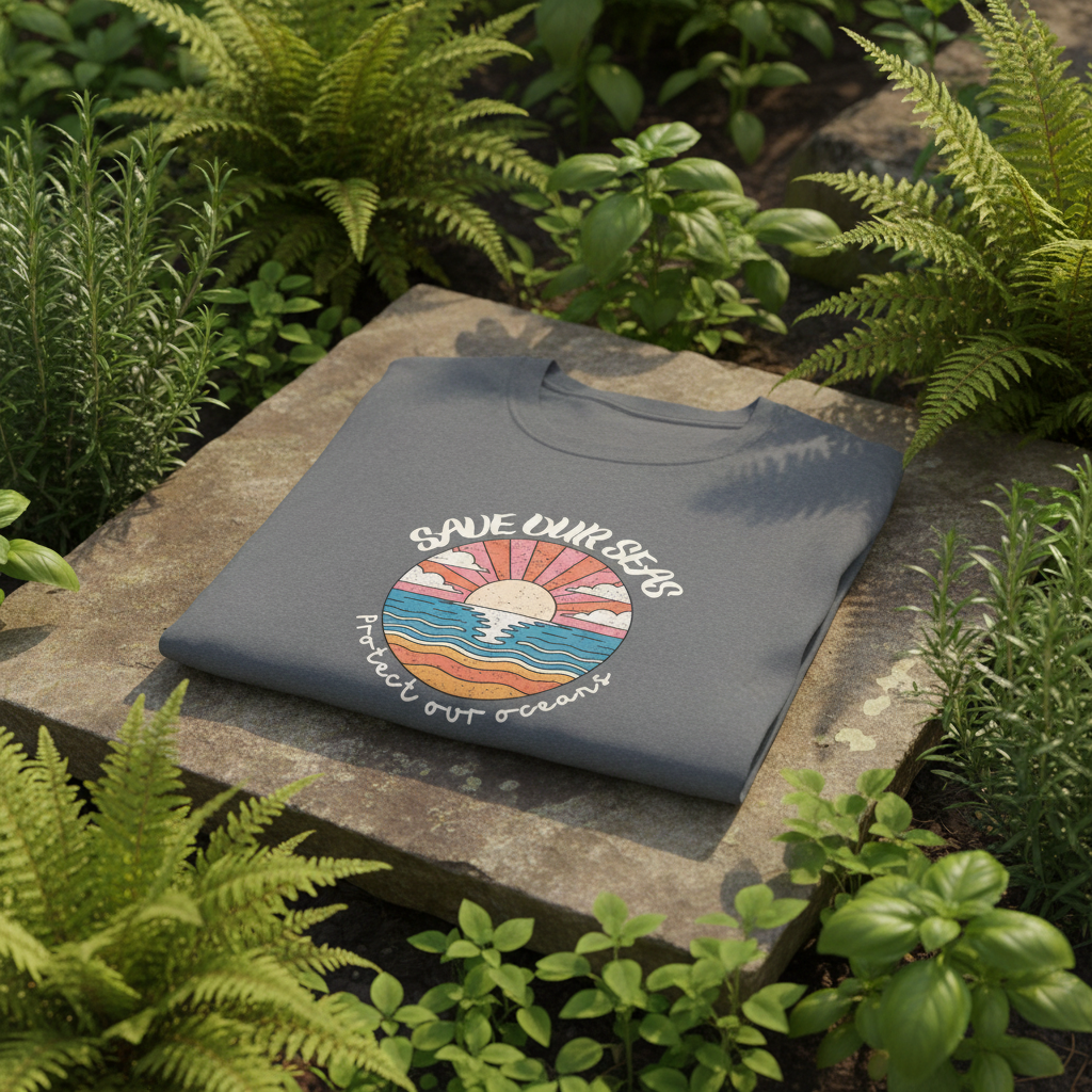 Graphite Grey Tee Folded on Garden Stone