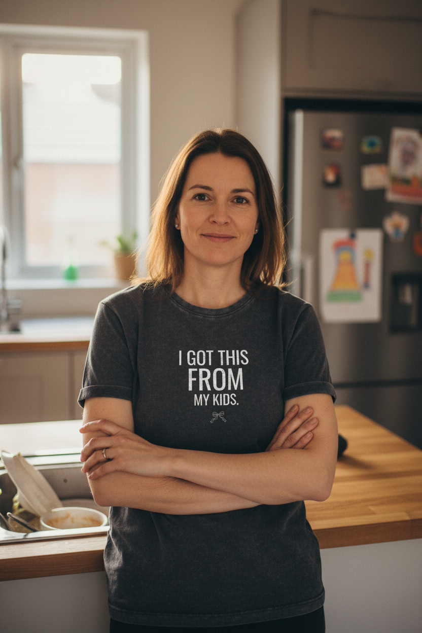 Dark grey graphic T-shirt with 'I GOT THIS FROM MY KIDS.' print on front