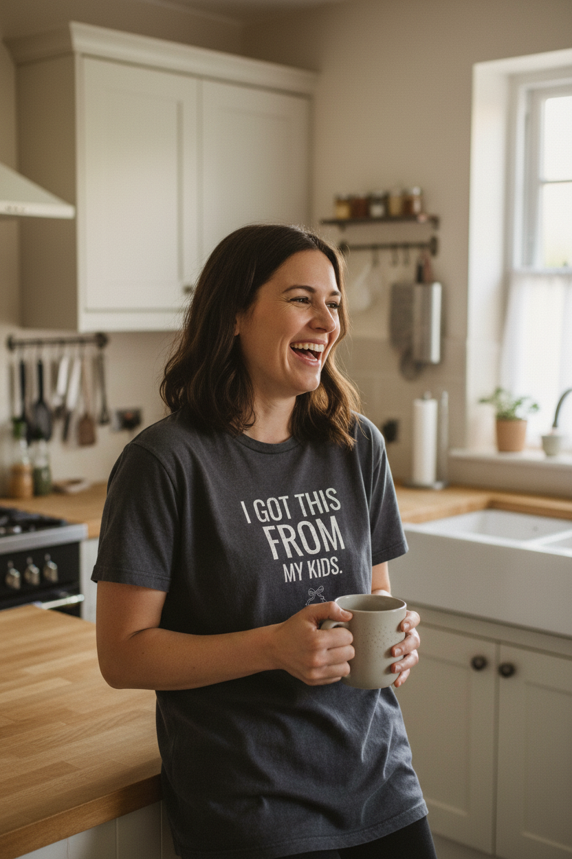 Dark grey crew-neck T-shirt with "I GOT THIS FROM MY KIDS" text, holding coffee