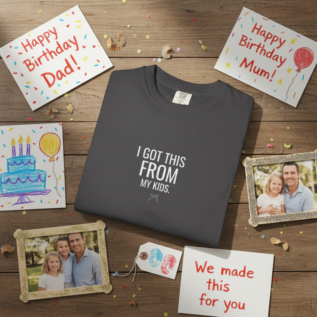 Dark crew-neck T-shirt with "I GOT THIS FROM MY KIDS" front graphic text