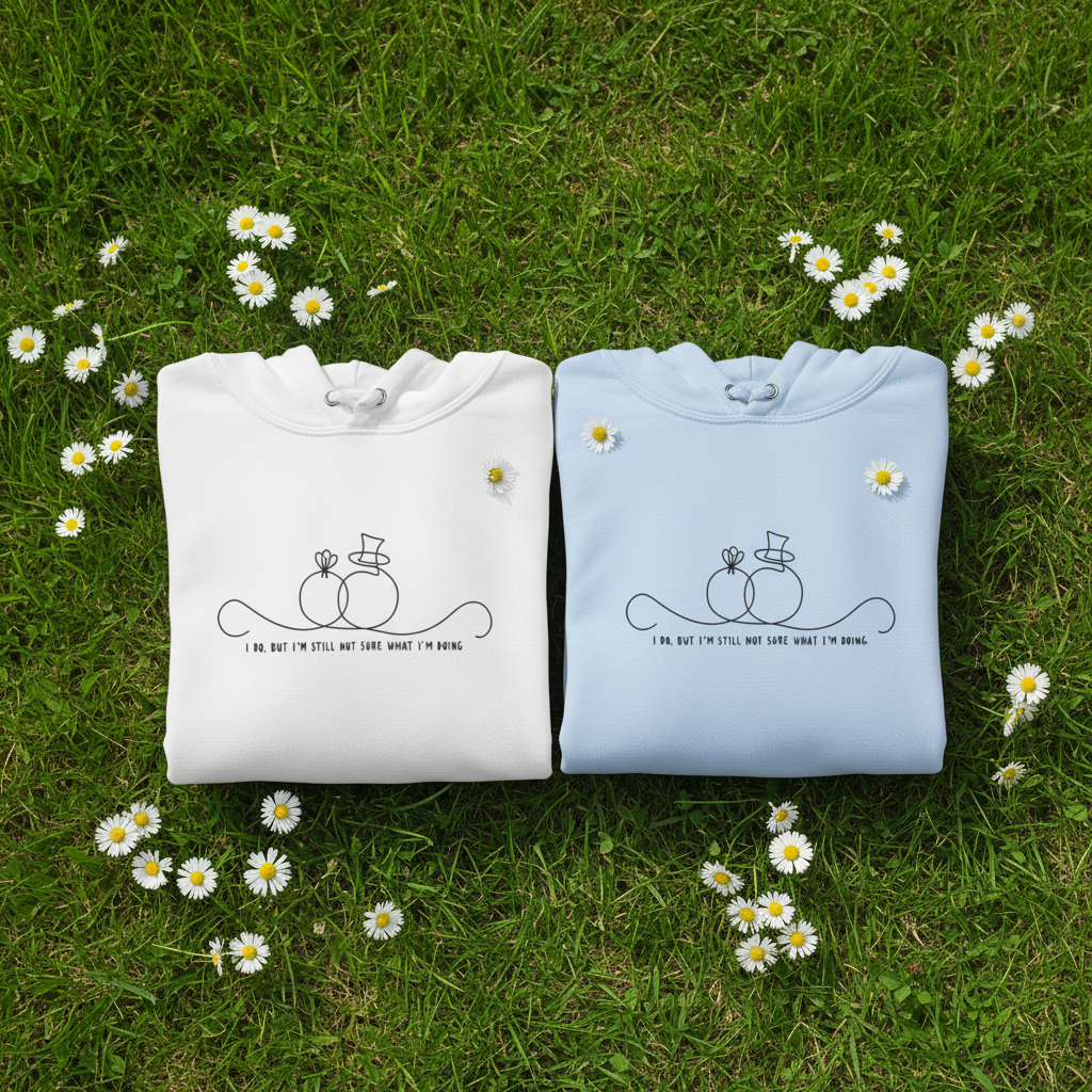 White unisex hoodie with hood and front line-art wedding rings graphic