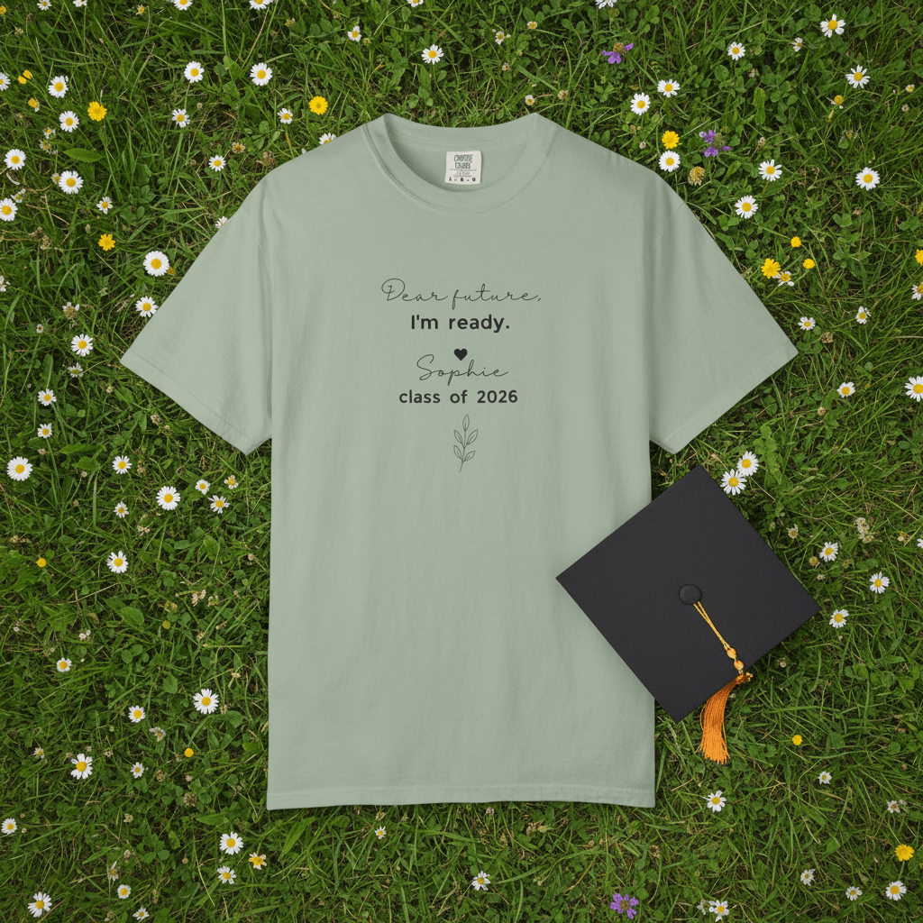 Sage green graduation T-shirt with "Dear future, I'm ready" and "Class of 2026" print