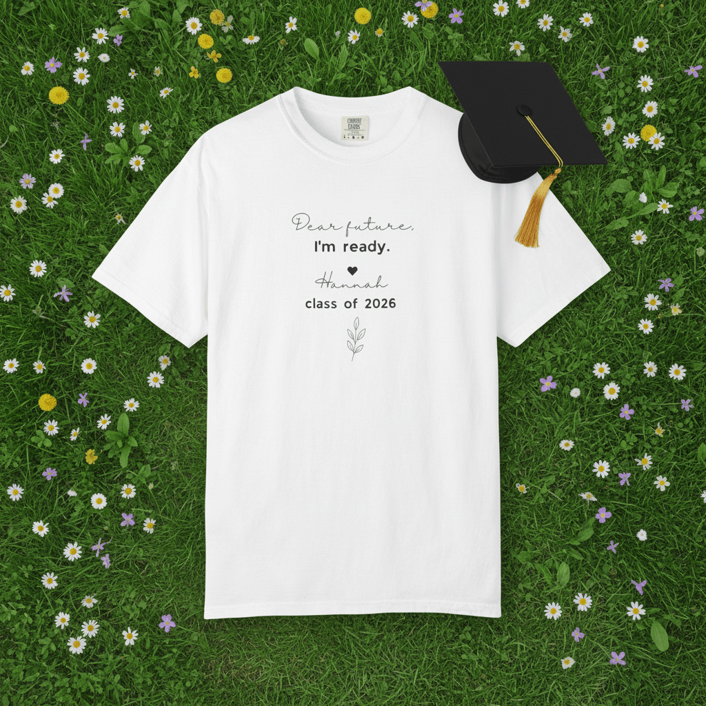 White graduation T-shirt with "Dear future, I'm ready" and "Class of 2026" graphic
