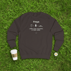 Dark brown crewneck sweatshirt with name “Freya” and coffee, trees, mountains graphic.