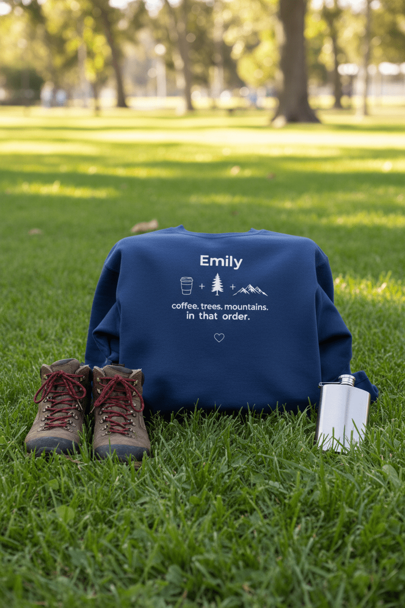 Navy crewneck sweatshirt with name “Emily” and coffee, trees, mountains graphic on back.