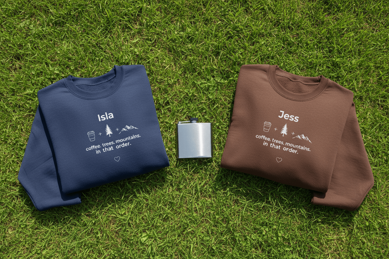 Two personalized crewneck sweatshirts: oxford navy 'Isla' and hot chocolate 'Jess'