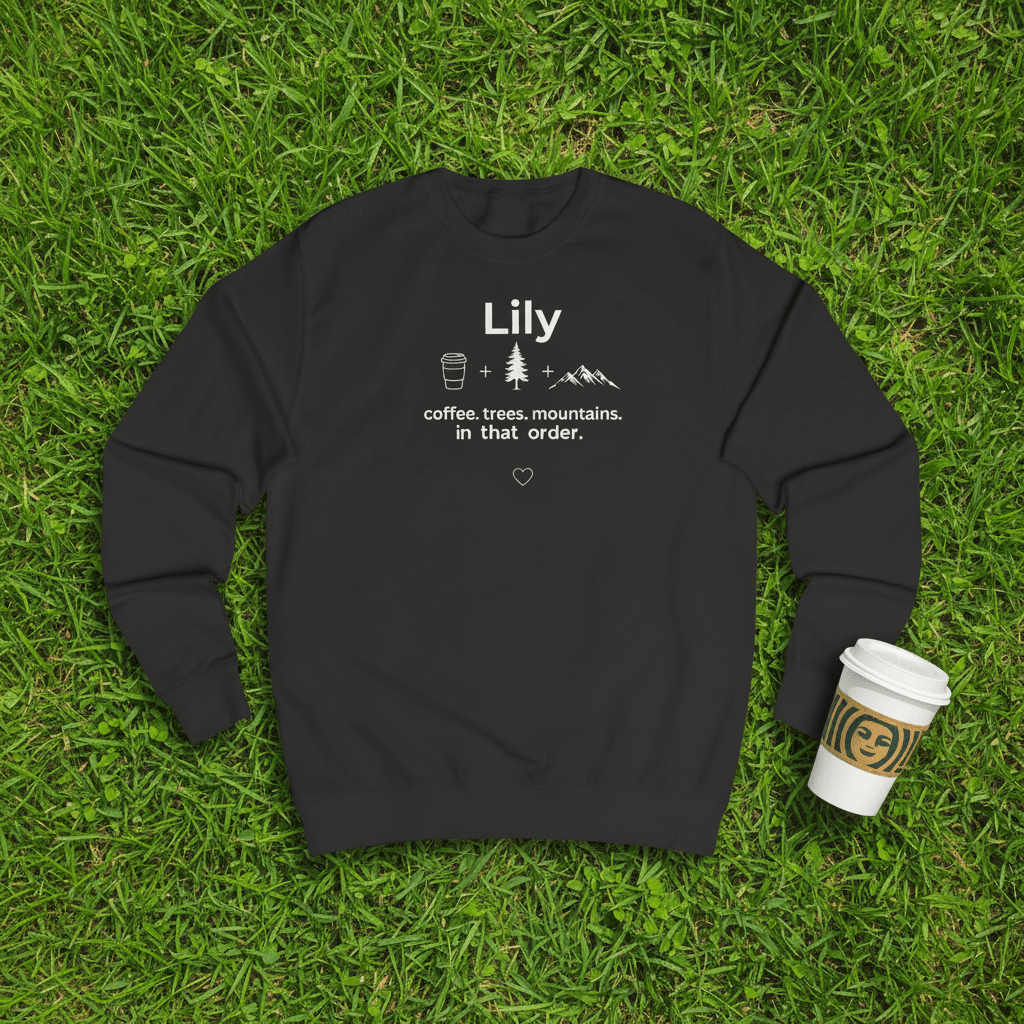 Personalized crewneck sweatshirt, jet black, 'Lily' front print