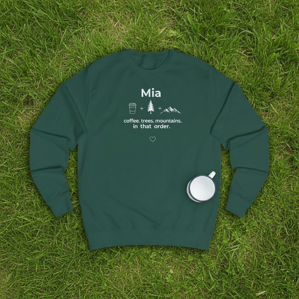 Personalized crewneck sweatshirt, bottle green, 'Mia' front print