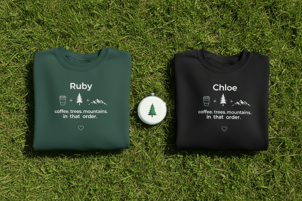 Personalized crewneck sweatshirts, dark green 'Ruby' and jet black 'Chloe'