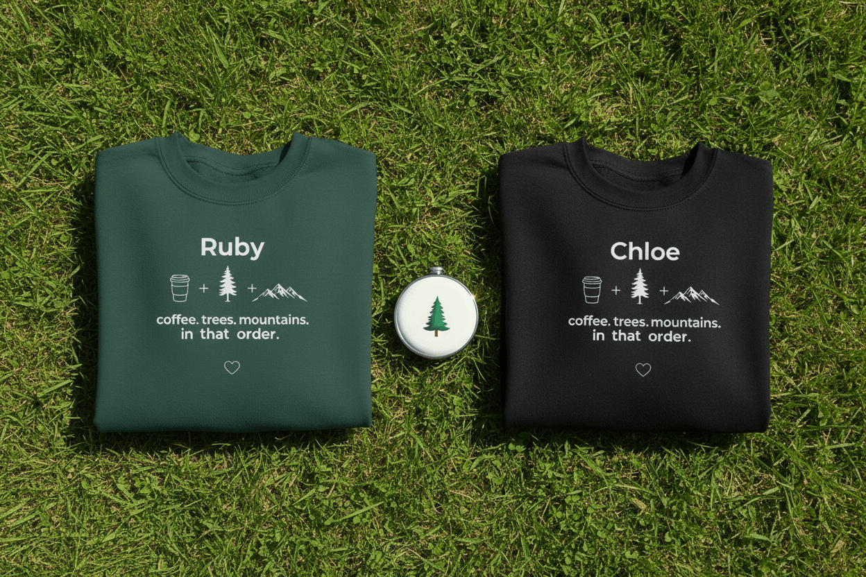 Personalized crewneck sweatshirts, dark green 'Ruby' and jet black 'Chloe'
