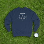 Navy crewneck sweatshirt with name “Sophie” and coffee, trees, mountains graphic, front view.
