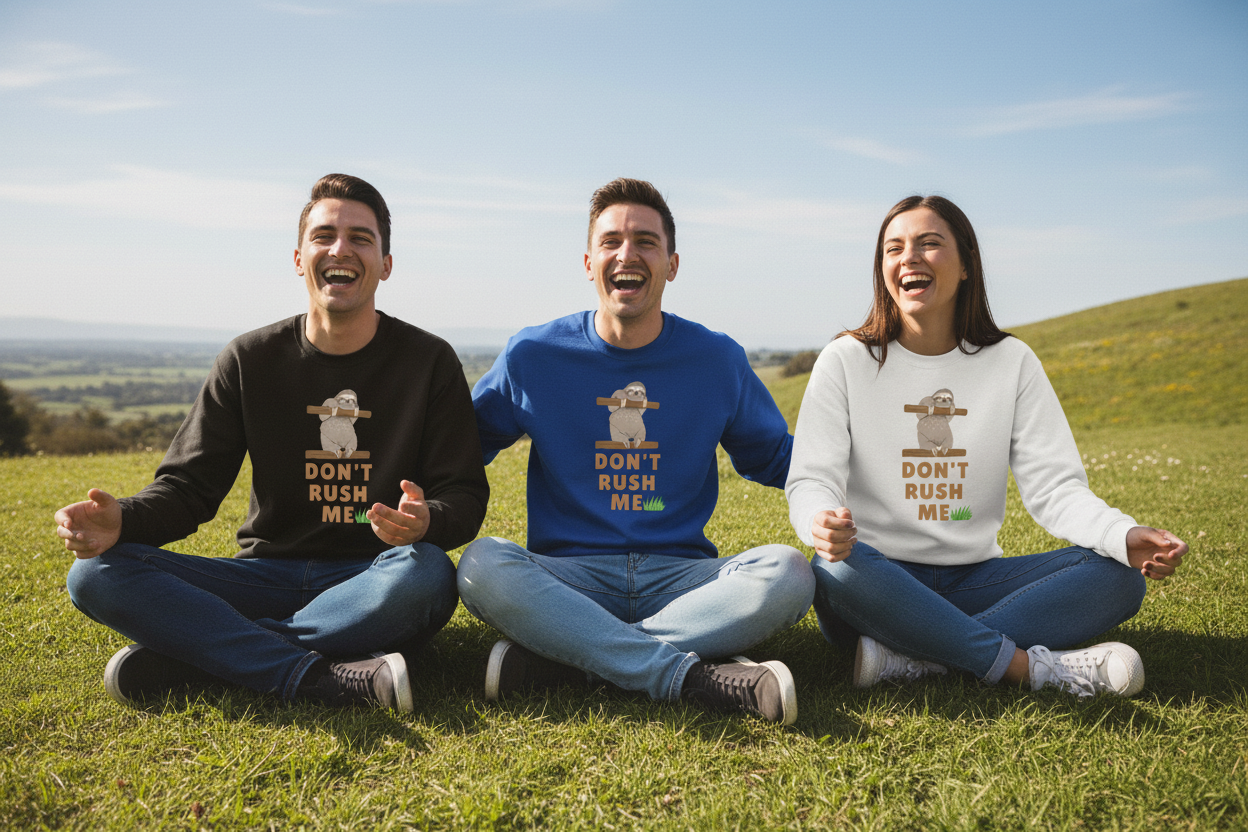 Sloth graphic sweatshirts in black, blue, and white worn by three people
