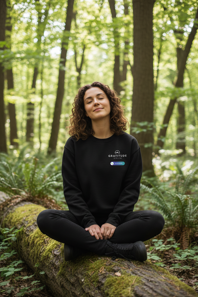 Black crewneck sweatshirt with “GRATITUDE” chest print and multicolor badge