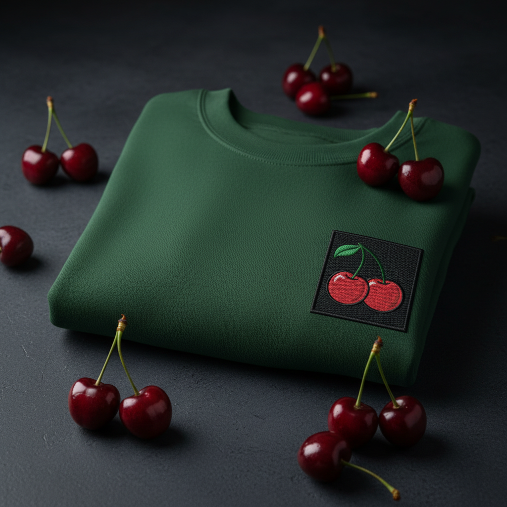 Green cherry embroidered sweatshirt, crew neck, long sleeves with chest patch