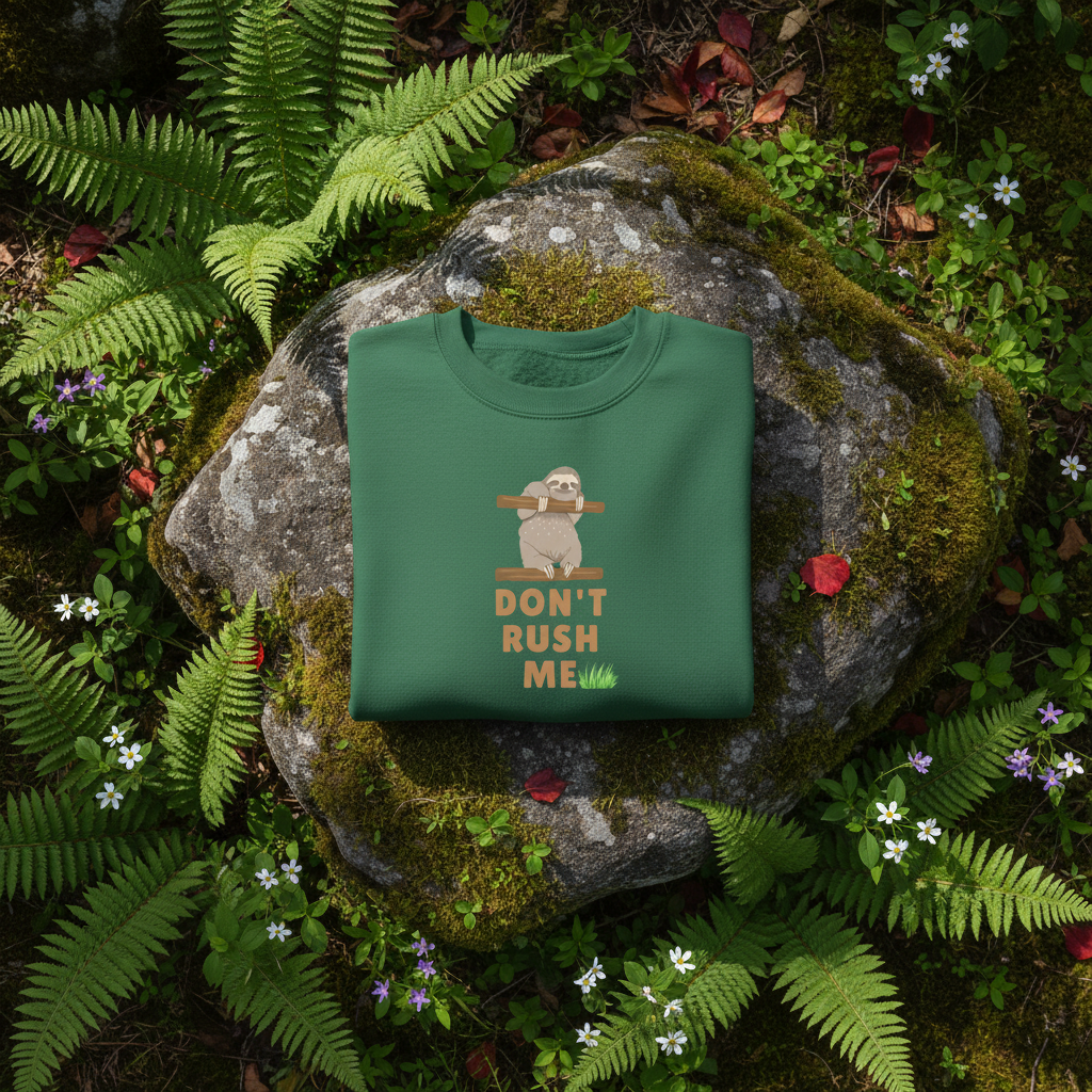 Bottle green sloth graphic sweatshirt with “Don't Rush Me” chest print