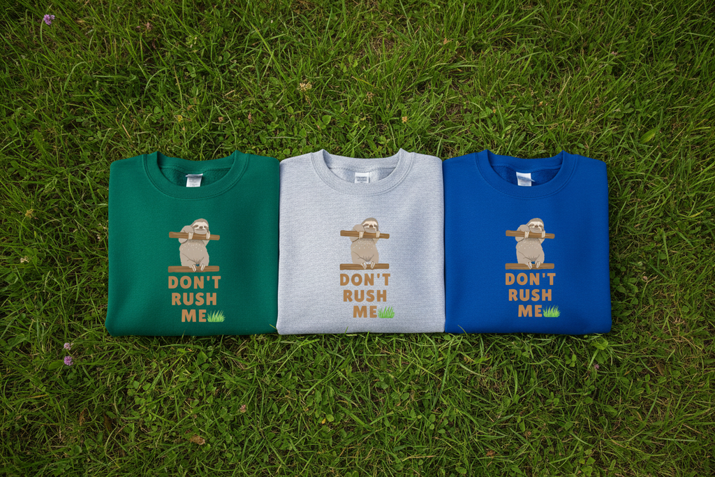Sloth graphic sweatshirt set (dark green, gray, blue) with "Don't Rush Me" text