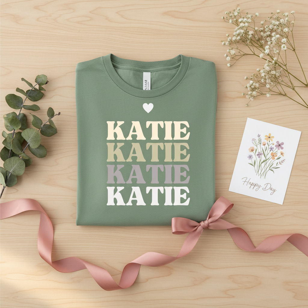 Personalised name stack T-shirt, sage green, heart above stacked 'KATIE' letters