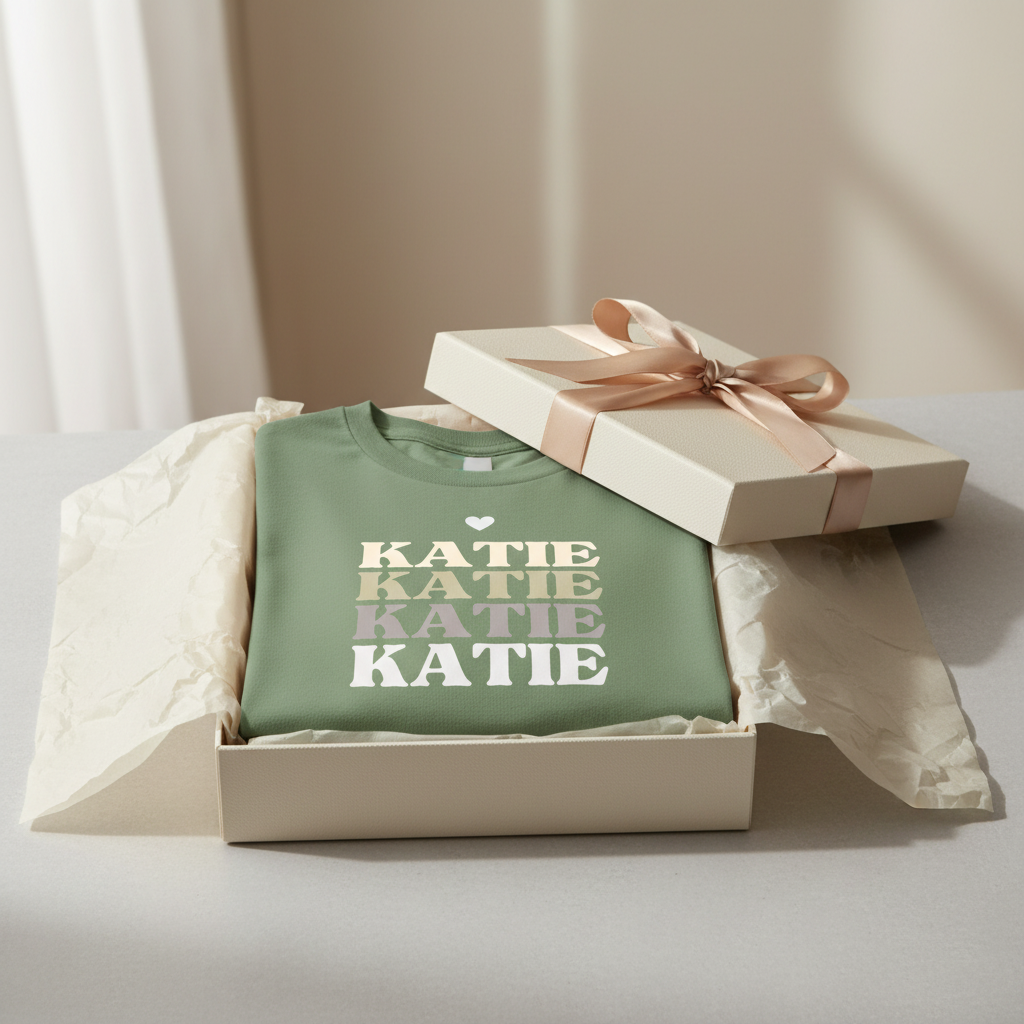 Personalised name stack T-shirt, sage green, stacked 'KATIE' text in gift box