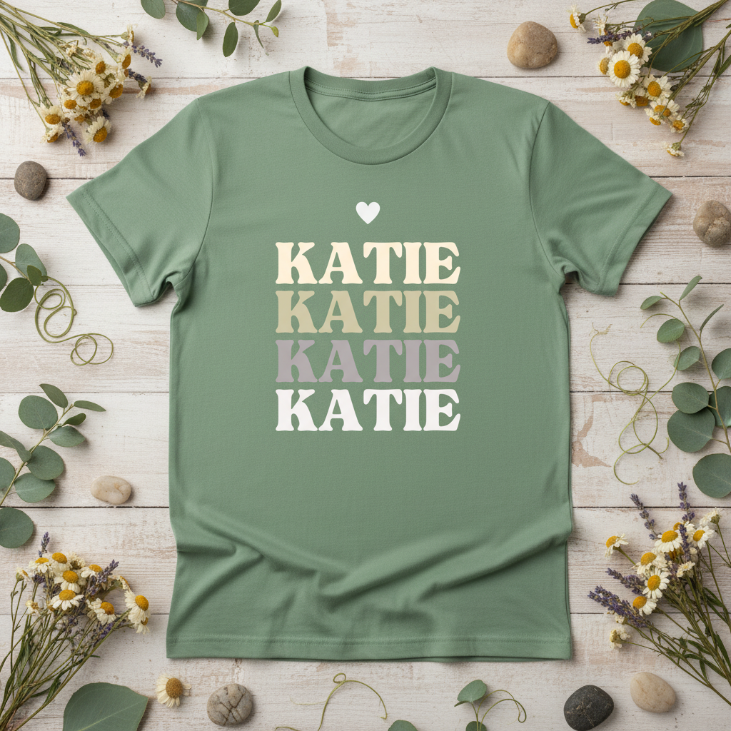 Personalised name stack T-shirt, green, heart and stacked 'KATIE' text