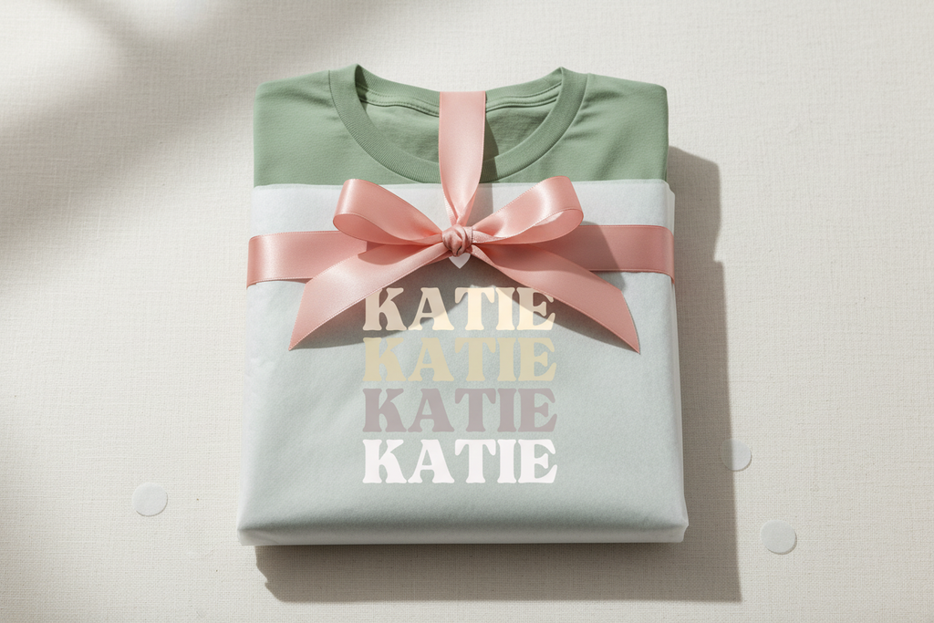 Personalised name stack T-shirt, sage green, stacked 'KATIE' with small heart