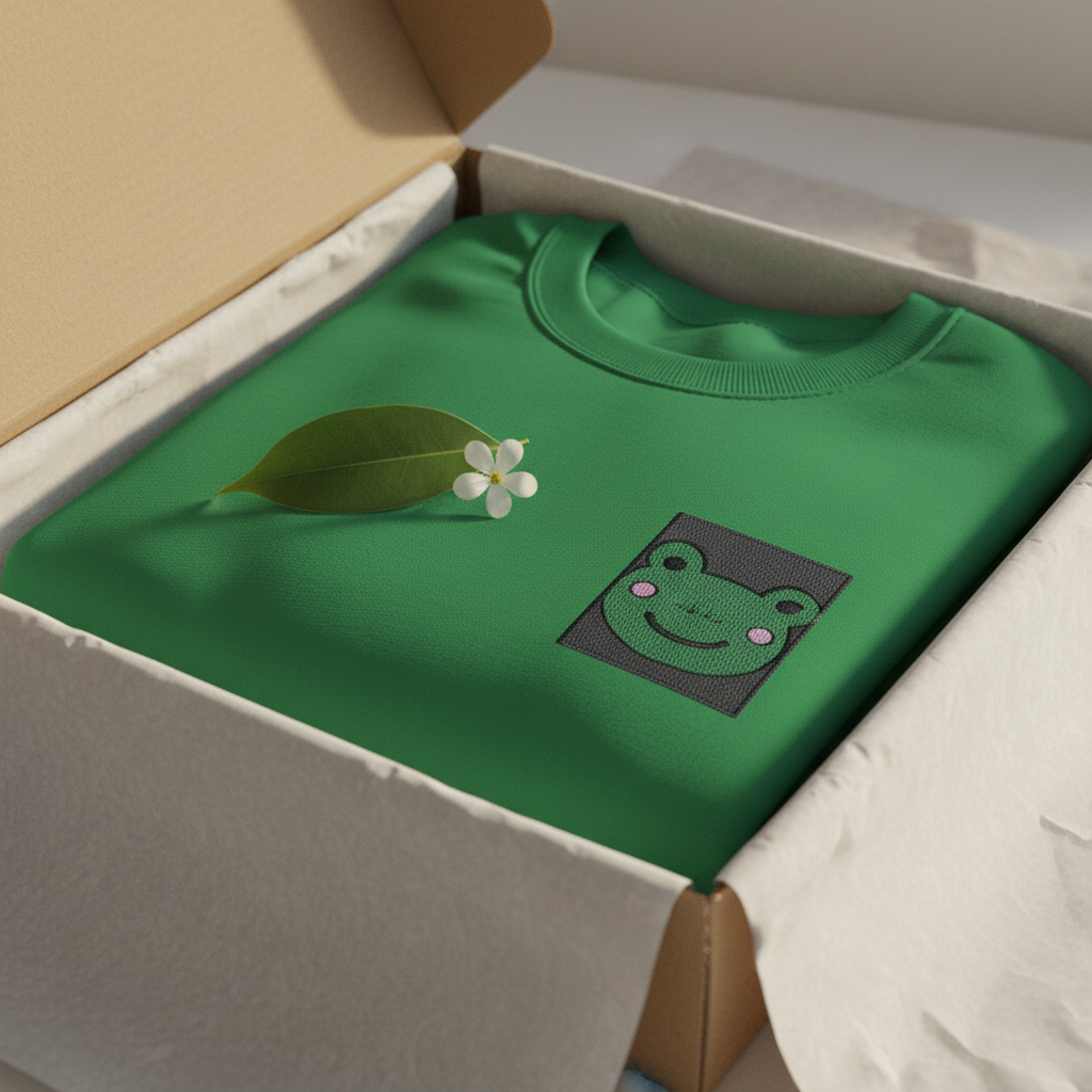 Irish green embroidered frog sweatshirt folded in a box, with crew neck ribbing.