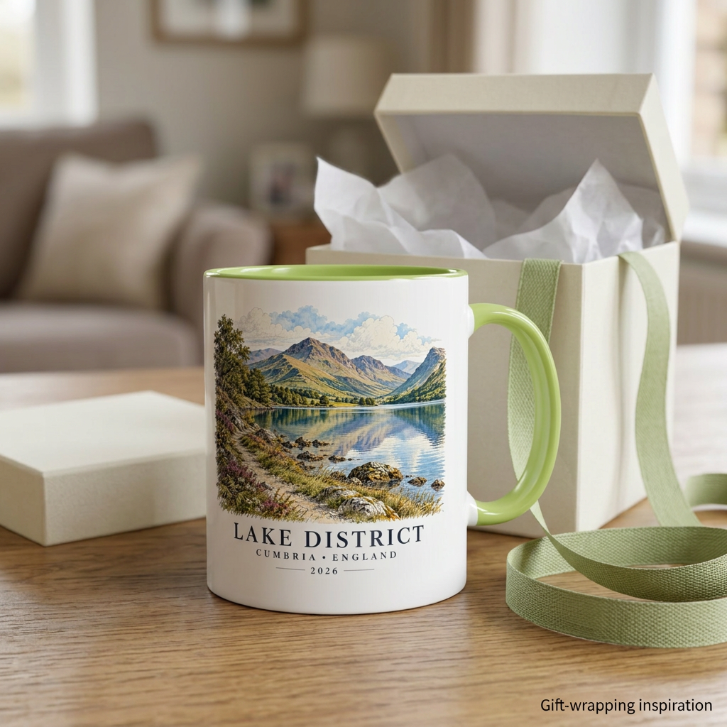 Green mug showing only the Lake District side with gift-box styling